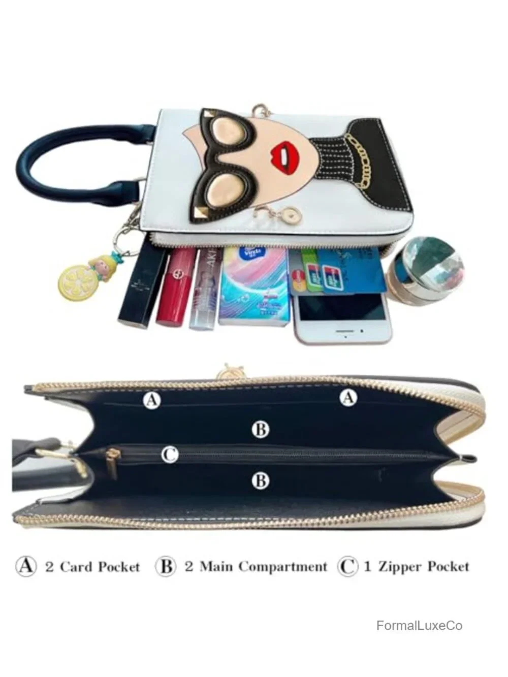 Women's Novelty 3D Lady Face Satchel PU Leather Handbag with Pearl Gold